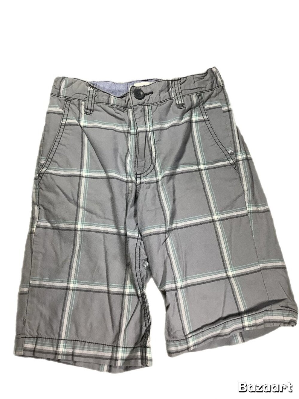 Old Navy Boys Plaid Shorts Size 8 Gray Teal Built-In Belt